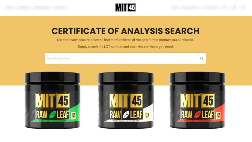 MIT 45 provides a Certificate of Analysis detailing the mitragynine content in their products.