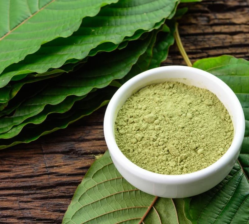 Kratom leaves with powdered product in a white ceramic bowl