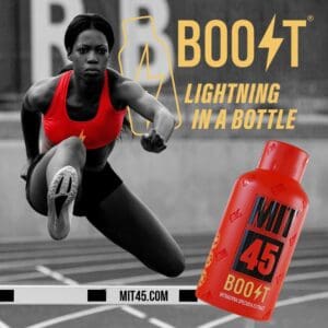A woman jumping an obstacle next to a bottle of MIT45 Boost.