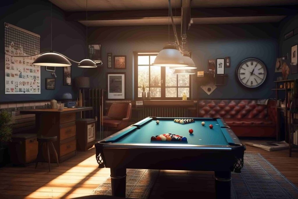 Empty bar with pool table and natural light