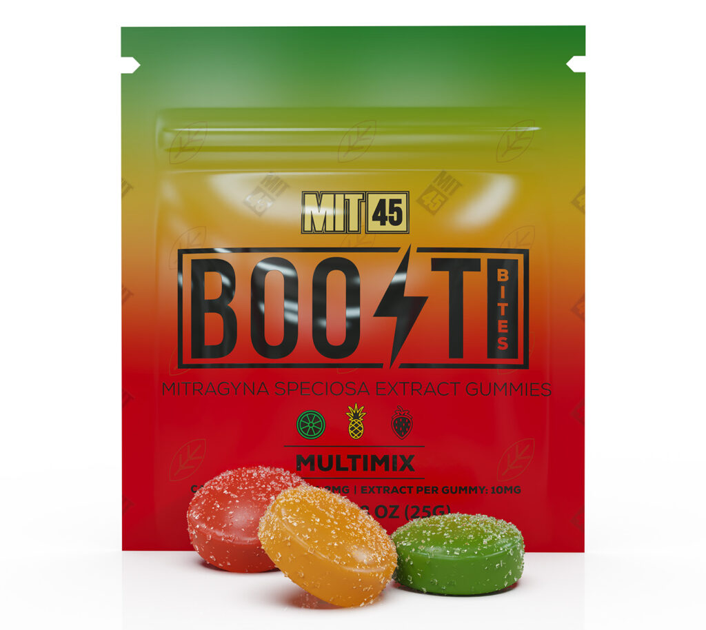 BOOST Bites product packaging and gummy samples