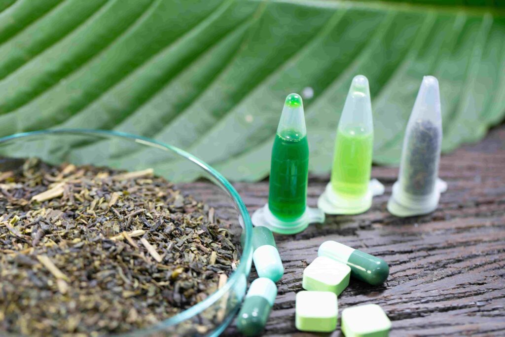 Kratom raw leaf, capsules, tablets, and liquid extracts