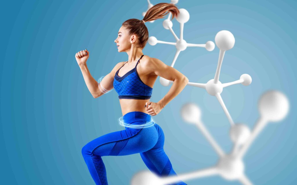 Woman running next to molecule to show effects of metabolism