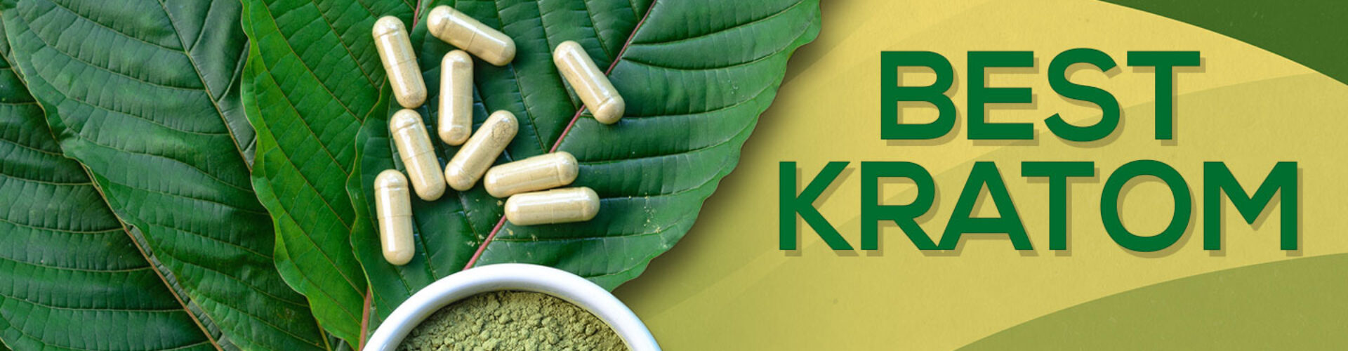 Different presentations of Kratom, leafs, capsules and powder.