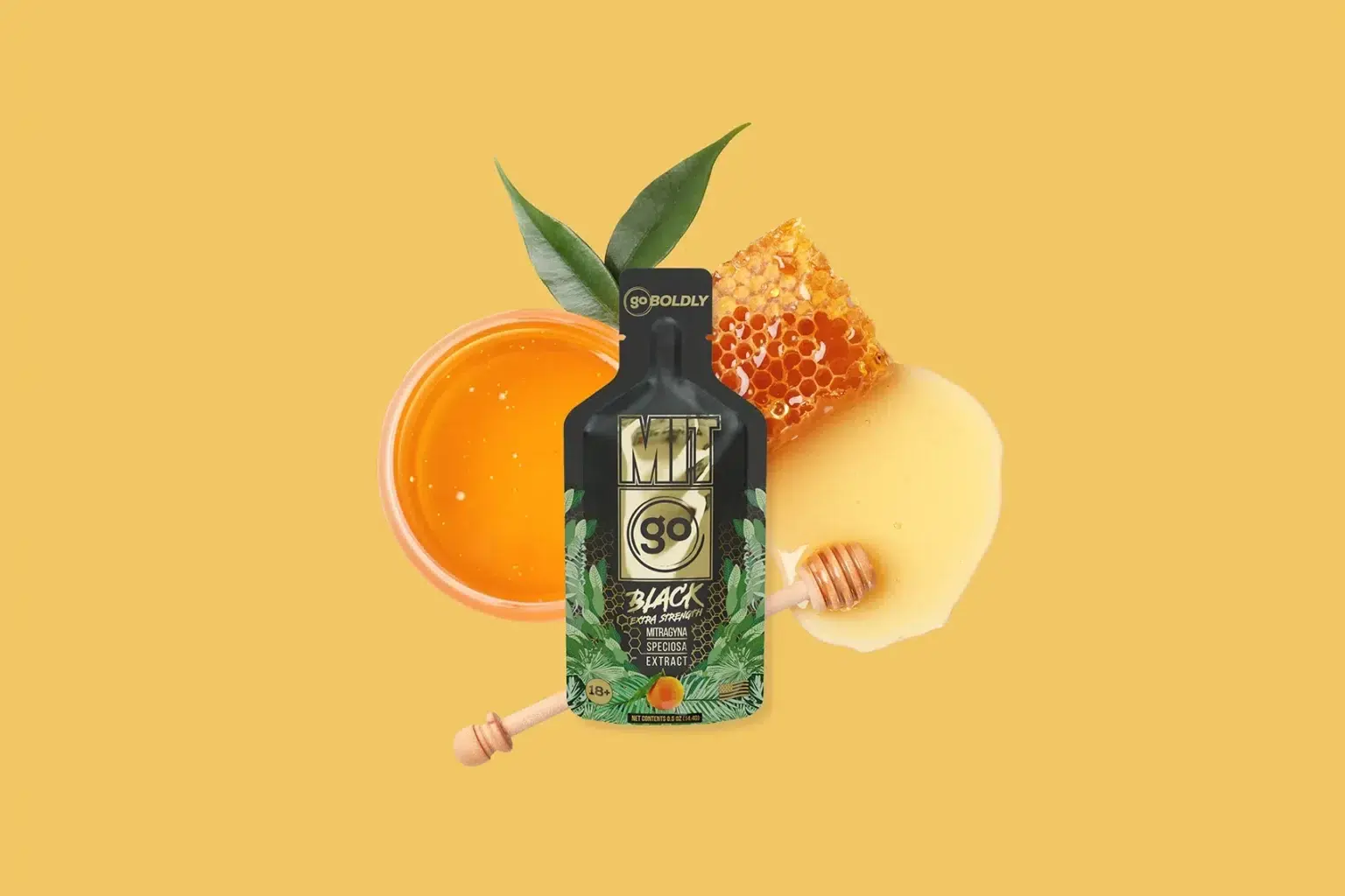 MIT45 GO product image with honey over yellow background