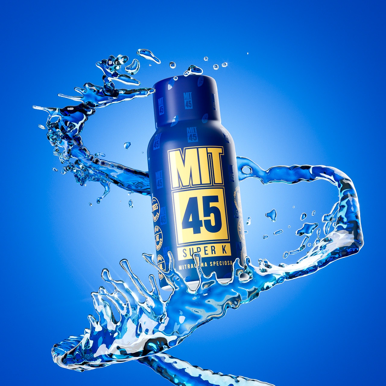 MIT45 Super K on blue background with liquid splash